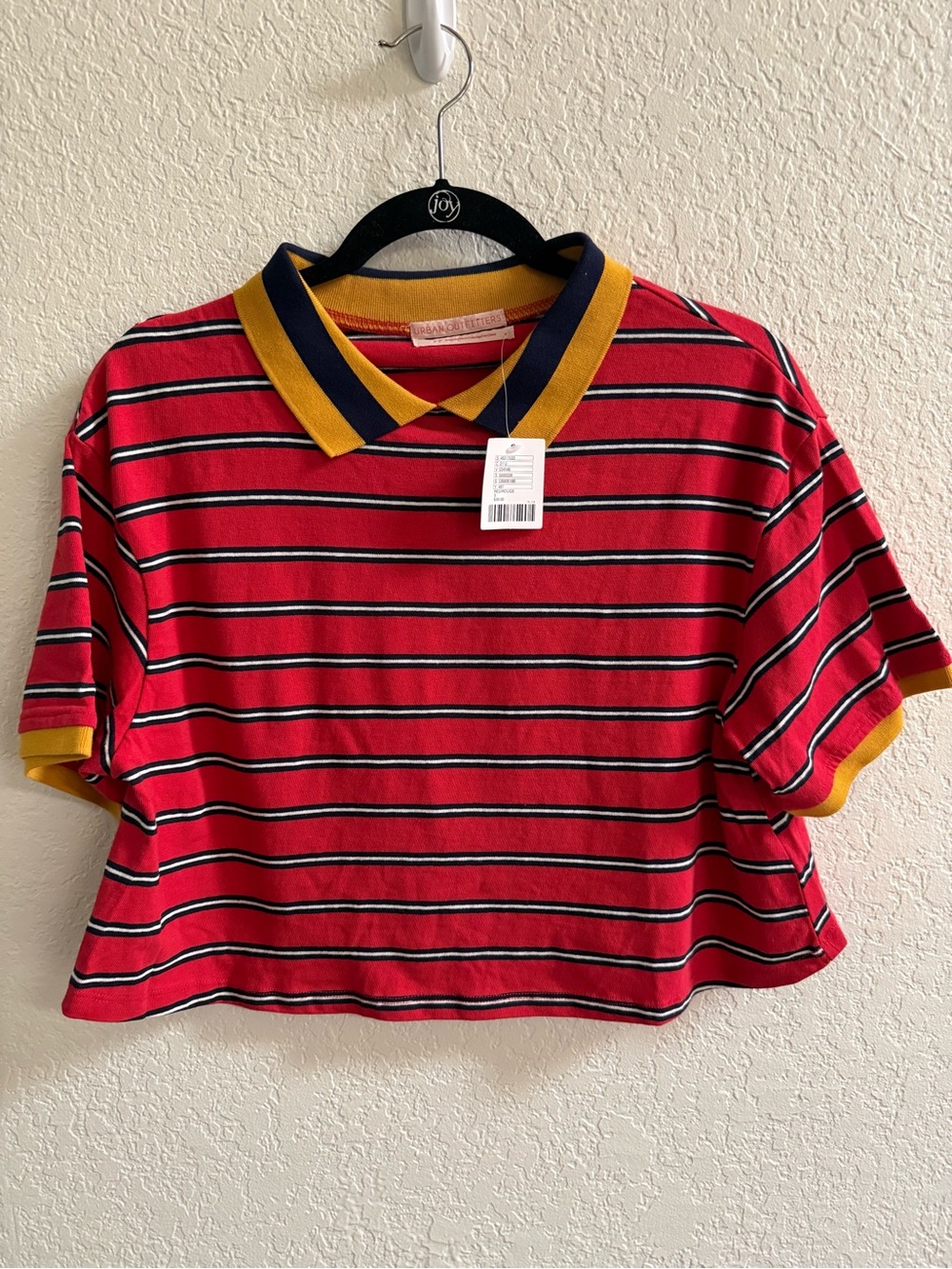 Urban Outfitters Red Striped Polo with Mustard & Navy Collar